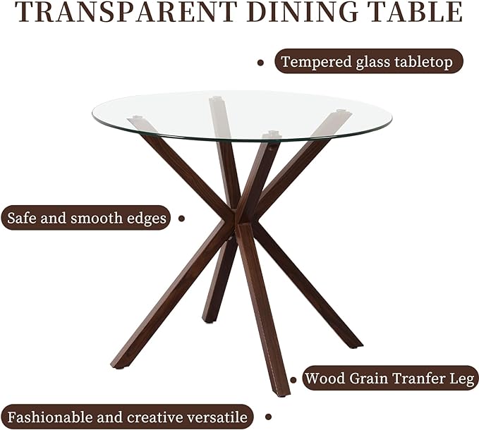 Round Glass Dining Table,34.7" Glass Top Kitchen Table with Wooden Grain Metal Legs,Modern Dining Room Table for 2 or 4,Circle Dinner Table for Kitchen, Small Spaces, Apartment - LeafyLoom