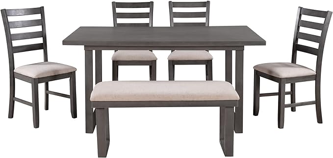 6 Pieces Simple Style Family Furniture, Solid Wood Set with Rectangular Table & 4 Chairs with Bench, A Stable Frame and a Long lifespan, for Dining Room, Beige+Gray - LeafyLoom