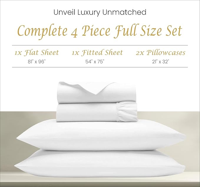 Bluemoon Homes 1000 Thread Count Egyptian Cotton Sheets Full Size 4 Piece Sheet Set - All Around Elastic 18" Deep Fitted Sheet, Extra Soft & Best Bed Sheets - White Full Oeko-Tex Bedding Set - LeafyLoom