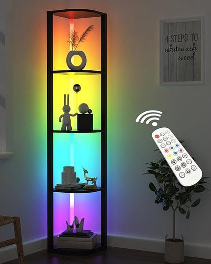 ROJASOP 5 Tiers Corner Shelf with Light Tall Display Shelf for Collectibles Control Multiple Color Lights via APP and Remote Control Floor Lamp with Shelf Supports Dimming for Living Room Bedroom Home - LeafyLoom