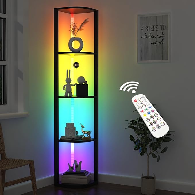 ROJASOP 5 Tiers Corner Shelf with Light Tall Display Shelf for Collectibles Control Multiple Color Lights via APP and Remote Control Floor Lamp with Shelf Supports Dimming for Living Room Bedroom Home - LeafyLoom