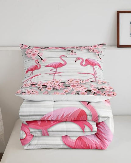 Erosebridal Flamingo Bedding Set Twin,Cherry Blossoms Comforter Set for Girls Teens Women,Pink Tropical Bird Animal Comforter Flower Rustic Wooden Board Quilt Duvet Sets with 1 Pillow Case - LeafyLoom