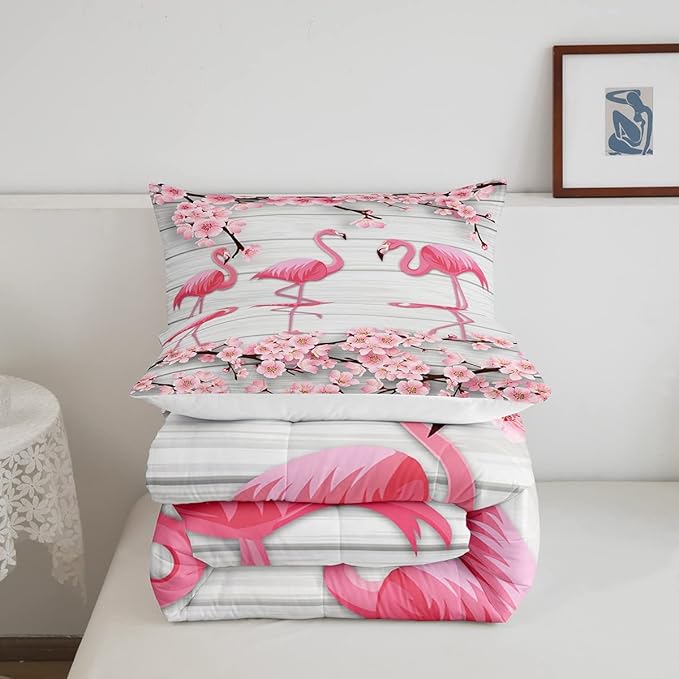 Erosebridal Flamingo Bedding Set Twin,Cherry Blossoms Comforter Set for Girls Teens Women,Pink Tropical Bird Animal Comforter Flower Rustic Wooden Board Quilt Duvet Sets with 1 Pillow Case - LeafyLoom