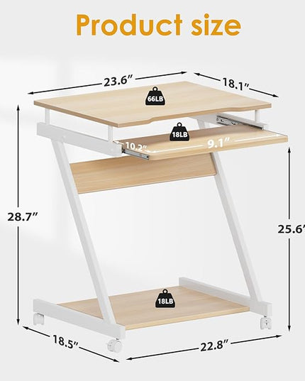 sogesfurniture Mobile Computer Desk Small Rolling Office Table Workstation with Printer Shelf and Keyboard Tray, Space-Saving Computer Desk with Storage Shelf for Home and Office (Maple) - LeafyLoom
