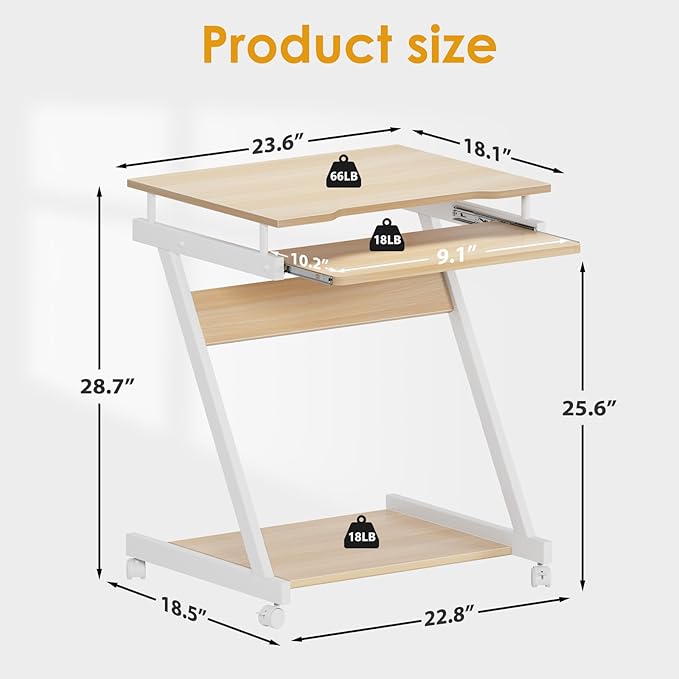 sogesfurniture Mobile Computer Desk Small Rolling Office Table Workstation with Printer Shelf and Keyboard Tray, Space-Saving Computer Desk with Storage Shelf for Home and Office (Maple) - LeafyLoom
