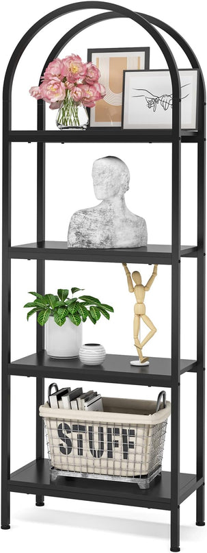 4-tier Arched Bookshelf, Tall Open Bookcase Storage Shelves, Wood Metal Freestanding Display Rack Tall Shelving Unit for Home Office, Bedroom, Living Room, Industrial Black - LeafyLoom