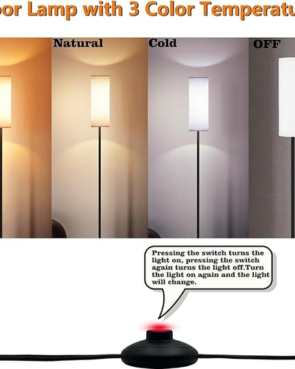 LED Floor Lamp Simple Design, Modern Floor Lamp with Shade, Tall Lamps for Living Room Bedroom Office Dining Room Kitchen, Black Pole Lamp with Foot Switch (with Bulb)(White Shade) - LeafyLoom