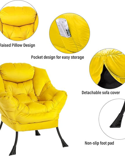 Welnow Lazy Chair with Ottoman, Modern Lounge Accent Chair with Armrests and a Side Pocket, Leisure Sofa Chair Set, Reading Chair with Footrest for Small Space, Corner Chair, Yellow - LeafyLoom