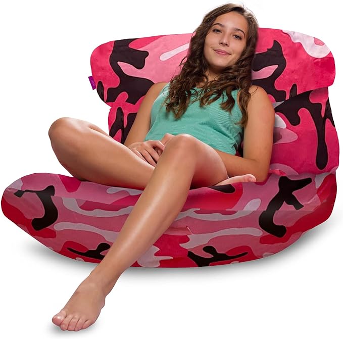 Posh Creations Structured Comfy Bean Bag Chair for Gaming, Reading and Watching TV, Laguna Lounger, Nylon - Camo Pink and Black - LeafyLoom