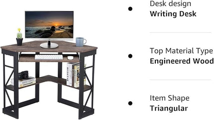 VECELO Corner Computer Desk Writing Smooth Keyboard Tray & Storage Shelves,Compact Home Office Triangle Table, Rustic Natural Brown - LeafyLoom