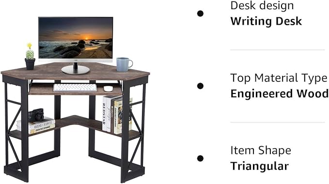 VECELO Corner Computer Desk Writing Smooth Keyboard Tray & Storage Shelves,Compact Home Office Triangle Table, Rustic Natural Brown - LeafyLoom