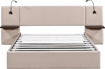 Queen Size Storage Upholstered Hydraulic Platform Shelves, Modern Velvet Fabric Bed Frame W/ 2 Lights and USB Port,No Box Spring Required,for Bedroom, Apartment,Beige - LeafyLoom