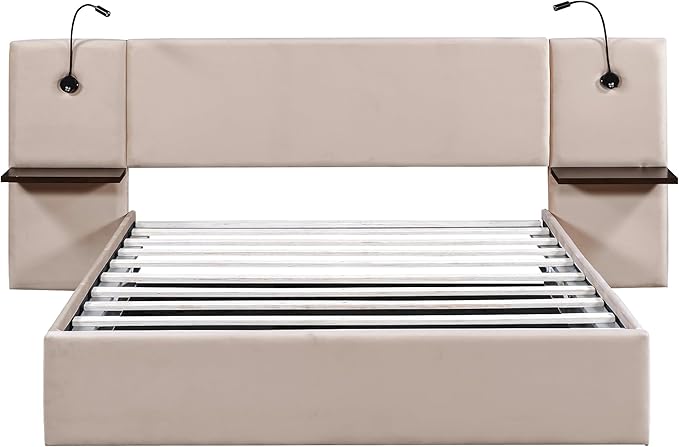 Queen Size Storage Upholstered Hydraulic Platform Shelves, Modern Velvet Fabric Bed Frame W/ 2 Lights and USB Port,No Box Spring Required,for Bedroom, Apartment,Beige - LeafyLoom
