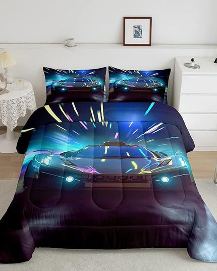 Boys Race Car Down Duvet, Cool Sports Car Comforter Set For Men Women, Extreme Sports Racer Bedding Set Full, Yellow Automobile Car Quilt Set, 1 Comforter Set With 2 Pillowcases, Lightweight, Blue - LeafyLoom