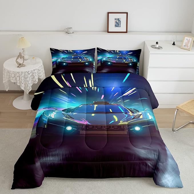 Boys Race Car Down Duvet, Cool Sports Car Comforter Set For Men Women, Extreme Sports Racer Bedding Set Full, Yellow Automobile Car Quilt Set, 1 Comforter Set With 2 Pillowcases, Lightweight, Blue - LeafyLoom