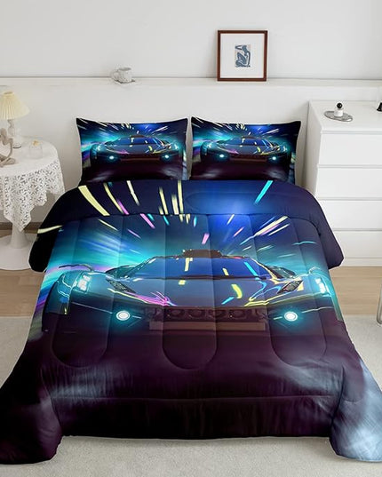 Erosebridal Racing Car Comforter Set Twin Size Racing Game Duvet Set Speed Car Quilt Set Extreme Sports Bedding Set for Kids Boys Teens Young Man Adult Gifts Kids Car Theme Room Decorative - LeafyLoom