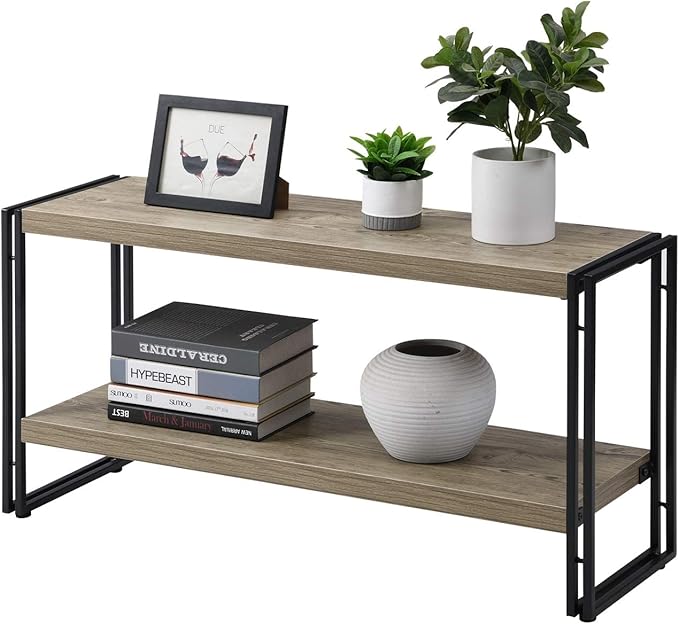 Small Industrial Bookshelf 2 Shelf Bookcases and Book Shelves for Living Room/Bedroom Wood Metal Rustic Oak - LeafyLoom