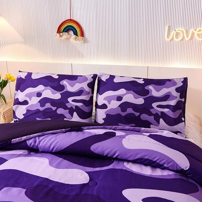 Meeting Story Camo Twin bedding Set Purple Camouflage Comforter Set, 3 PCS One Comforter and Two Pillowcases All Season Lightweight Bedspread for Kids Teens Adults (Purple, Twin) - LeafyLoom
