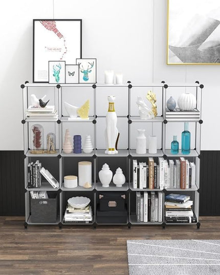HOMIDEC 20-Cube Transparent Cube Storage Organizer, Modular Storage Shelf with Hammer, Cube Storage Bin Cabinet Closet Bookshelf for Living Room, Bedroom, Office, Each Cube Size 11.8 x 11.8 inch - LeafyLoom
