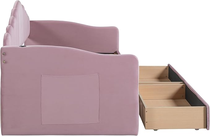 Twin Size Upholstered Daybed with 2 Drawers and Striped Headboard, Solid Wood Velvet Bed with USB Charging Ports, No Box Spring Needed, for Living Room, Bedroom, Dorm, Space-Saving Design - LeafyLoom