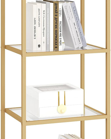 Bookcase Bookshelf, Tempered Glass Bookshelves, Slim Shelving Unit for Bedroom, Bathroom, Home Office, Steel Frame, 4 Tier Gold BC04001G - LeafyLoom