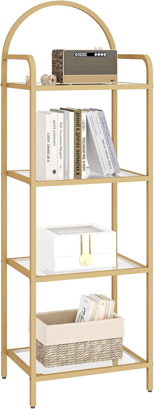 Bookcase Bookshelf, Tempered Glass Bookshelves, Slim Shelving Unit for Bedroom, Bathroom, Home Office, Steel Frame, 4 Tier Gold BC04001G - LeafyLoom