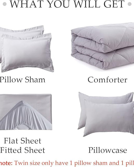 NexHome Queen Comforter Set, 7-Pieces Light Grey Bed in a Bag Queen Size Reversible Comforter All Season Soft Bedding Sets with Comforter, Flat Sheet, Fitted Sheet, Pillowcases & Shams - LeafyLoom