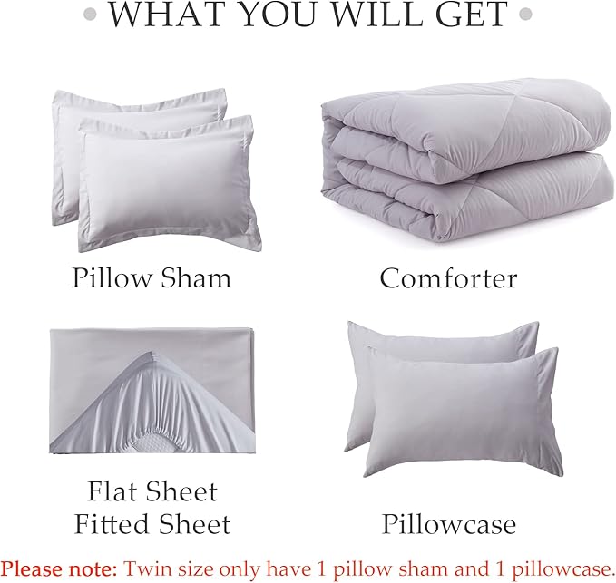 NexHome Queen Comforter Set, 7-Pieces Light Grey Bed in a Bag Queen Size Reversible Comforter All Season Soft Bedding Sets with Comforter, Flat Sheet, Fitted Sheet, Pillowcases & Shams - LeafyLoom