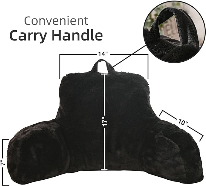 A Nice Night Faux Fur Reading Pillow Bed Wedge Large Adult Children Backrest with Arms Back Support for Sitting Up in Bed/Couch for Bedrest,Black - LeafyLoom