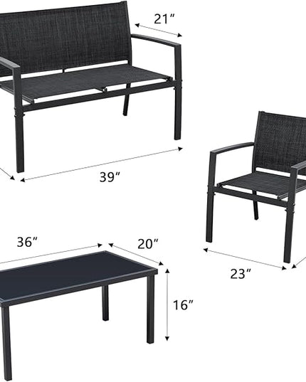 Greesum 4 Pieces Patio Furniture Set Outdoor Conversation Textilene Fabric Chairs for Lawn, Garden, Balcony, Poolside with A Glass Coffee Table, Black - LeafyLoom