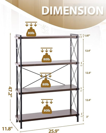 Industrial Bookshelf,Rustic Open Shelf Bookcase,4 Tier Book Shelf for Bedroom Office Living Room,Small Bookshelf for Small Spaces with Metal Frame - LeafyLoom