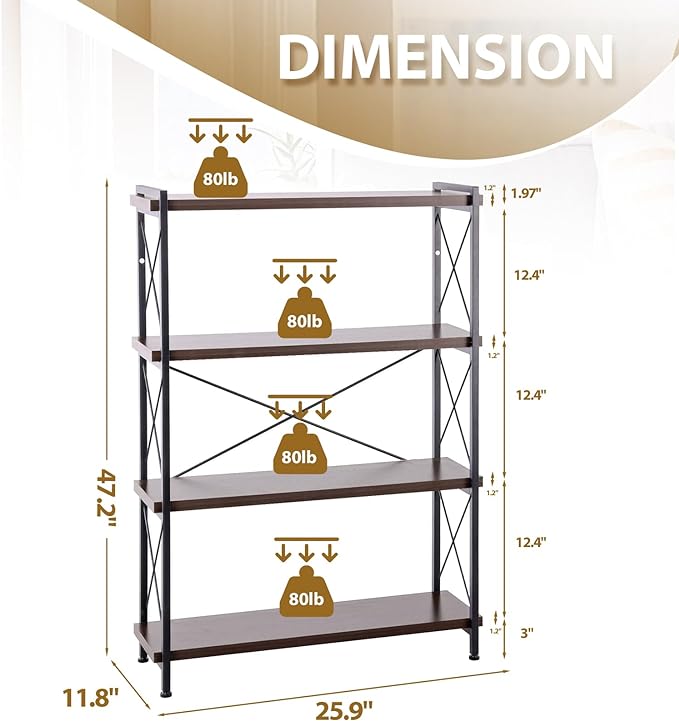 Industrial Bookshelf,Rustic Open Shelf Bookcase,4 Tier Book Shelf for Bedroom Office Living Room,Small Bookshelf for Small Spaces with Metal Frame - LeafyLoom