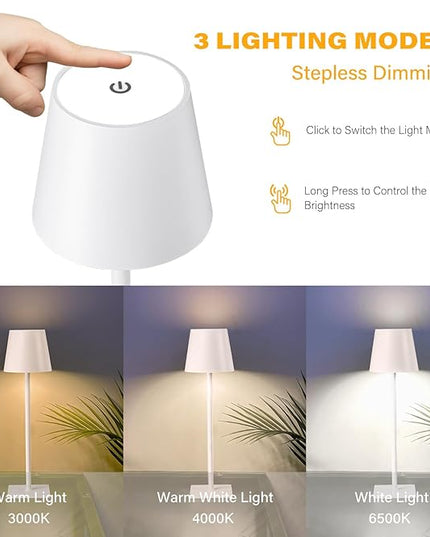 2 Pack Cordless Table Lamps, 3 Colors Stepless Dimming, 5000mAh Rechargeable Battery LED Desk Lamp for Bedroom/Couple Dinner/Desk/Cafe/Dining Room/Terrace - LeafyLoom