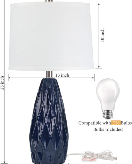 Modern Table Lamps, 25" Ceramic Bedside Lamps Blue Decor Lamp for Living Room End Table Lamp Tall Nightstand Lamps for Bedrooms |3-Way Dimmable Farmhouse Desk Lamps for Home Office Reading, Navy Blue - LeafyLoom