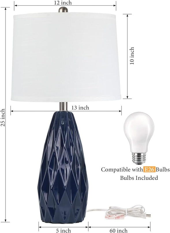 Modern Table Lamps, 25" Ceramic Bedside Lamps Blue Decor Lamp for Living Room End Table Lamp Tall Nightstand Lamps for Bedrooms |3-Way Dimmable Farmhouse Desk Lamps for Home Office Reading, Navy Blue - LeafyLoom