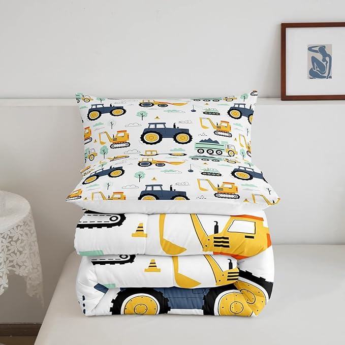 Tractor Comforter Set Queen, Cartoon Truck Bedding Set for Boys Girls Teens, Construction Tractor Down Comforter, Bulldozer Crane Equipment Duvet Set, Kawaii Vehicle Car Theme Comforter, Yellow Blue - LeafyLoom