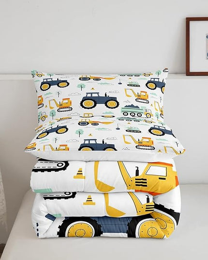 Boys Cartoon Car Bedding Set King, Excavator Tractor Comforter Set for Kids Teens, Equipment Trucks Quilted Duvet, Heavy Machinery Construction Bedding Comforter Sets with 2 Pillowcases Bedroom Decor - LeafyLoom