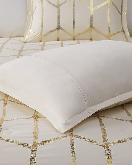 Intelligent Design, Soft Microfiber Comforter Modern Geometric Metallic Bed Set, King/Cal King, Ivory/Gold - LeafyLoom