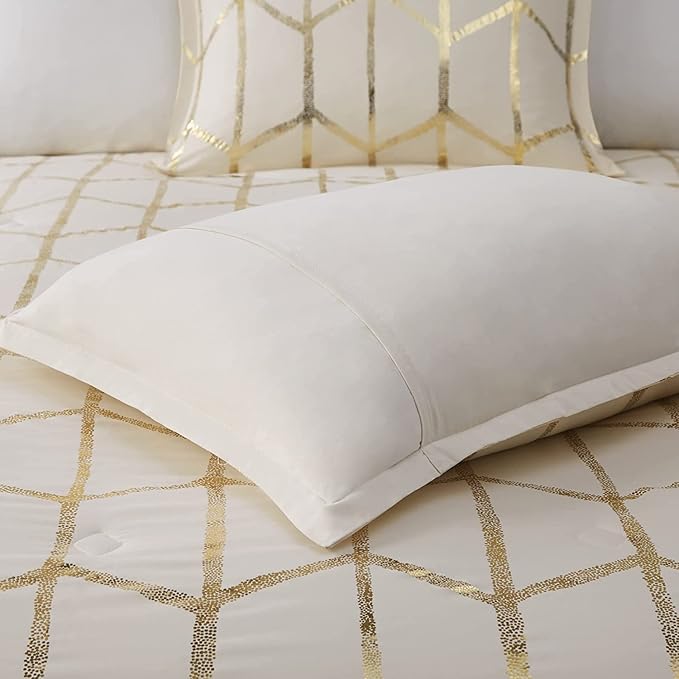 Intelligent Design, Soft Microfiber Comforter Modern Geometric Metallic Bed Set, King/Cal King, Ivory/Gold - LeafyLoom