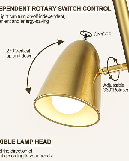 QiMH Tree Floor Lamp with 3 Light Bulbs, Standing Tall Pole Lamps for Living Room Bedroom Office, Reading Stand up Lamps with 3 Adjustable Arms, Brushed Gold - LeafyLoom