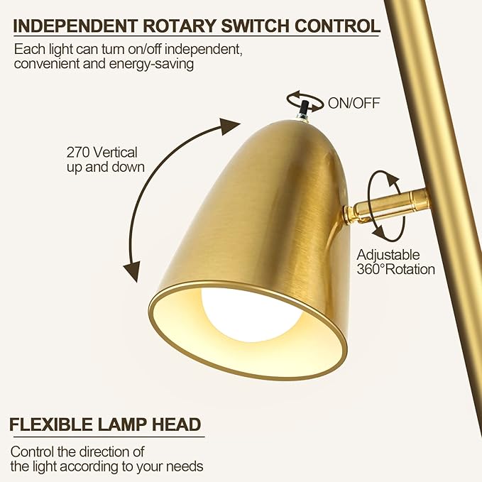 QiMH Tree Floor Lamp with 3 Light Bulbs, Standing Tall Pole Lamps for Living Room Bedroom Office, Reading Stand up Lamps with 3 Adjustable Arms, Brushed Gold - LeafyLoom