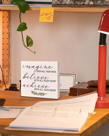 Home Office Desk Wooden Box Sign Decor, Imagine with All Your Mind, Inspirational Quotes Desk Decor Motivational Desk Decorations for Women Men Student Office Classroom School - LeafyLoom