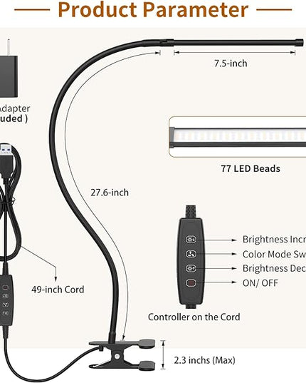 iZELL LED Desk Lamp for Home Office with Clamp [77 LEDs Light 3 Color Modes & 10 Brightness Levels] Flexible Gooseneck Book Lights, Easy Clip on Reading Headboard - LeafyLoom