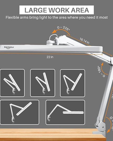 LED Architect Desk Lamp with Clamp, Metal Swing Arm 2000 Lumens Dimming Office Table Lamp for Task Work Drafting Reading Desktop, 234PCS Bright LEDs, 24W, 5 Color Temperatures Workbench Lamp - LeafyLoom