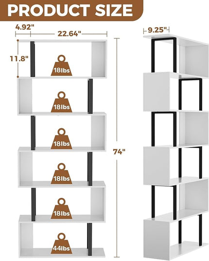 Gadroad 6 Tier Geometric Bookcase,S Shaped Bookshelf, Wood Decorative Storage Shelving, Modern Freestanding Display Shelves, Tall Book Shelf Unit for Living Room Bedroom, White - LeafyLoom