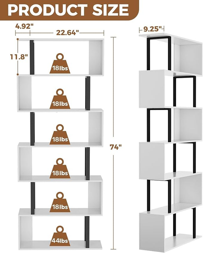Gadroad 6 Tier Geometric Bookcase,S Shaped Bookshelf, Wood Decorative Storage Shelving, Modern Freestanding Display Shelves, Tall Book Shelf Unit for Living Room Bedroom, White - LeafyLoom
