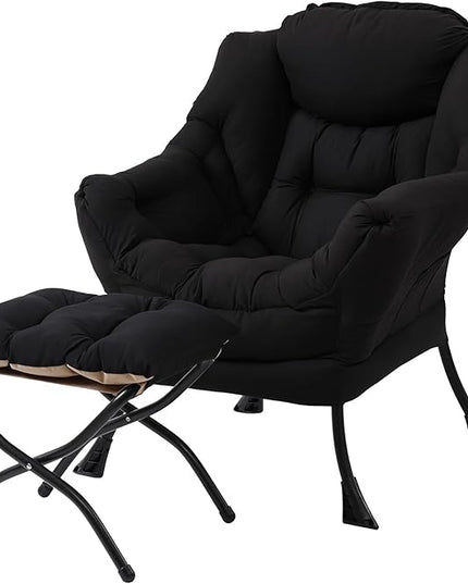 Lazy Chair with Ottoman, Modern Accent Chair Contemporary Lounge Leisure Upholstered Sofa Chair Set with Armrests, Reading Chair for Living Room, Bedroom, Office, Black - LeafyLoom