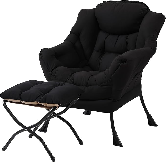 Lazy Chair with Ottoman, Modern Accent Chair Contemporary Lounge Leisure Upholstered Sofa Chair Set with Armrests, Reading Chair for Living Room, Bedroom, Office, Black - LeafyLoom
