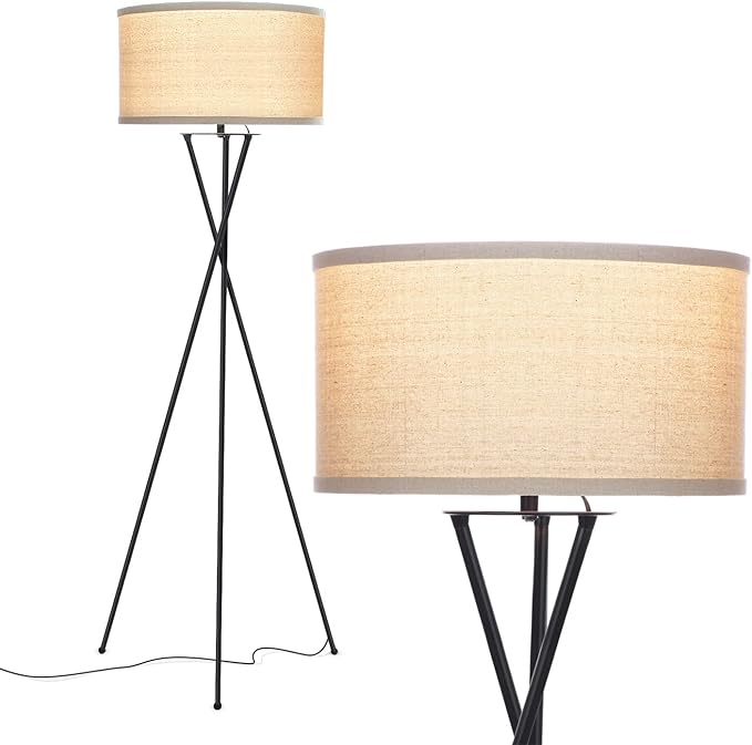 Brightech Jaxon LED Floor lamp, Modern Lamp for Living Rooms & Offices, Tall Lamp with Contemporary Drum Shade, Gold Tripod Standing Lamp for Bedroom Reading, Great Living Room Decor - Black - LeafyLoom