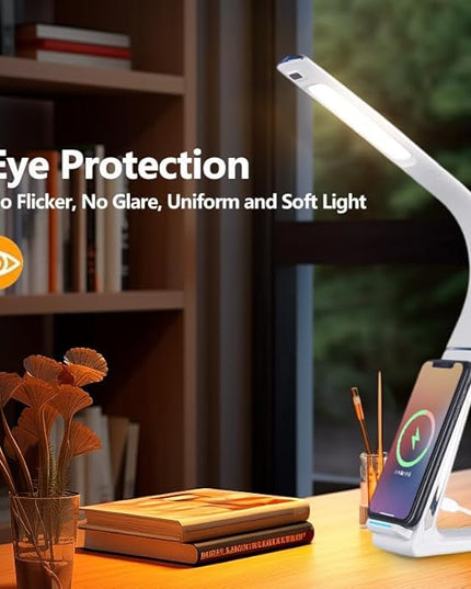 LED Desk Lamp with USB Charging Port, 10W wireless charger, Stepless dimmable, 3 Color Modes, Desk Lights for Home Office, Office Desk Lamp Eye Caring Reading Light, Gesture Control Table Lamp - LeafyLoom